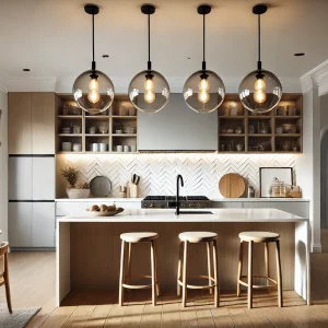 A Sleek Kitchen With Modern Pendant Lights