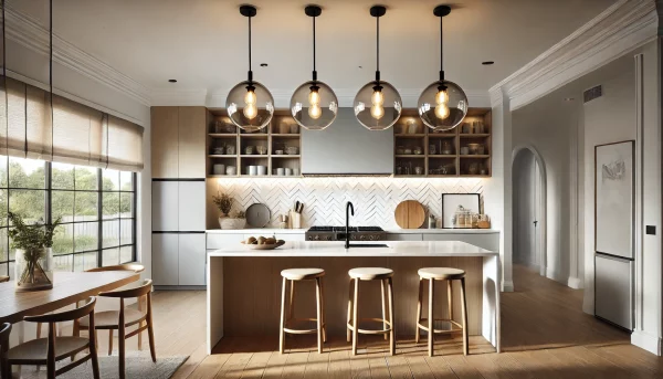 A Sleek Kitchen With Modern Pendant Lights