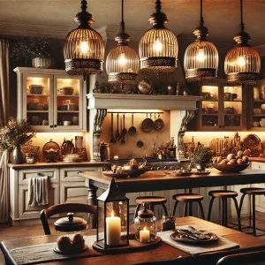 An elegant kitchen with beautiful pendant lights and rustic accents. The decor is sophisticated with a mix of modern and classic elements, including a