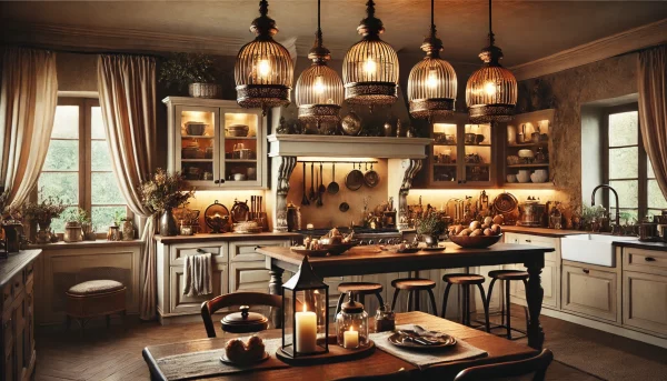 An elegant kitchen with beautiful pendant lights and rustic accents. The decor is sophisticated with a mix of modern and classic elements, including a