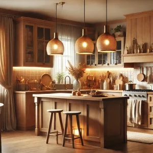 A cozy kitchen with soft, ambient lighting from pendant lights over the island. The room features a blend of modern and rustic decor with warm colors