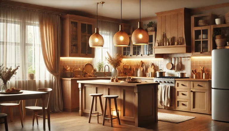 A cozy kitchen with soft, ambient lighting from pendant lights over the island. The room features a blend of modern and rustic decor with warm colors