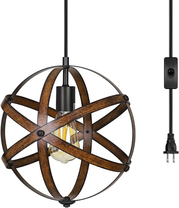 Industrial Style Plug-in Pendant Light Vintage Metal Globe Ceiling Fixture 1